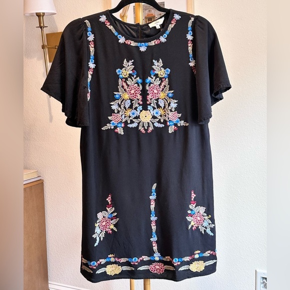 Entro Floral Embroidered Black Boutique Mini Dress with Flutter Sleeves- Size S - Picture 1 of 6